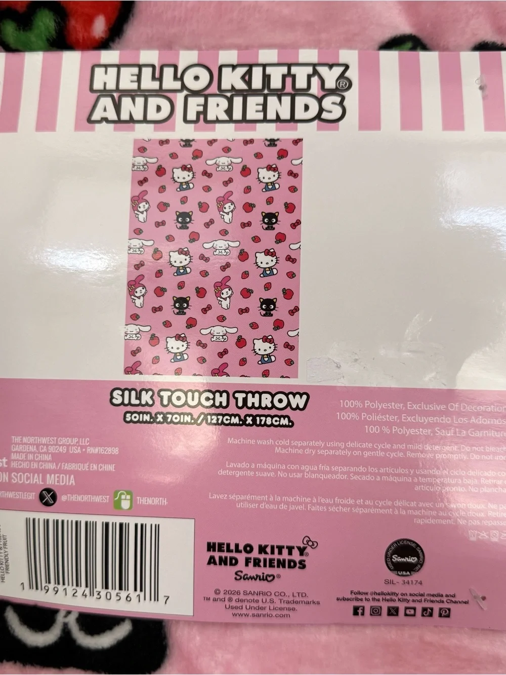 Hello Kitty Pink Plush Throw Blanket with Red Fruit & Bow Accents